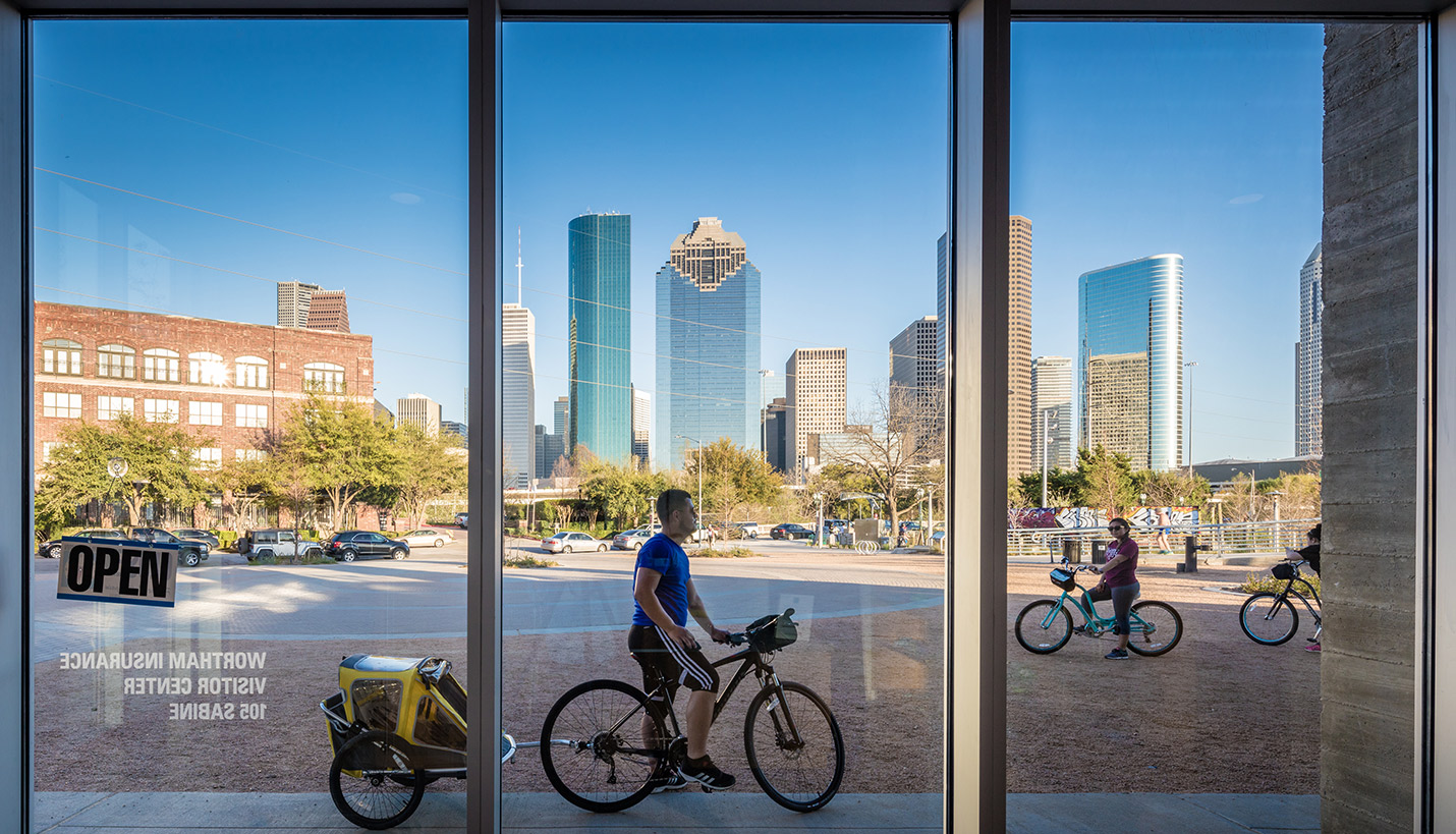 View of downtown Houston from the Water Works Visitors Center at Buffalo Bayou Park. ©Slyworks Photography