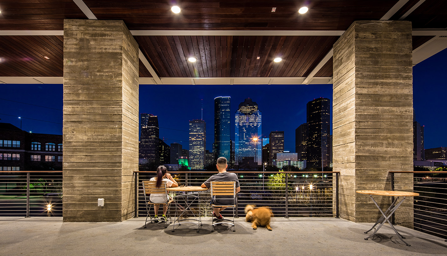 View to downtown Houston from the Water Works pavilion at Buffalo Bayou Park. © Slyworks Photography