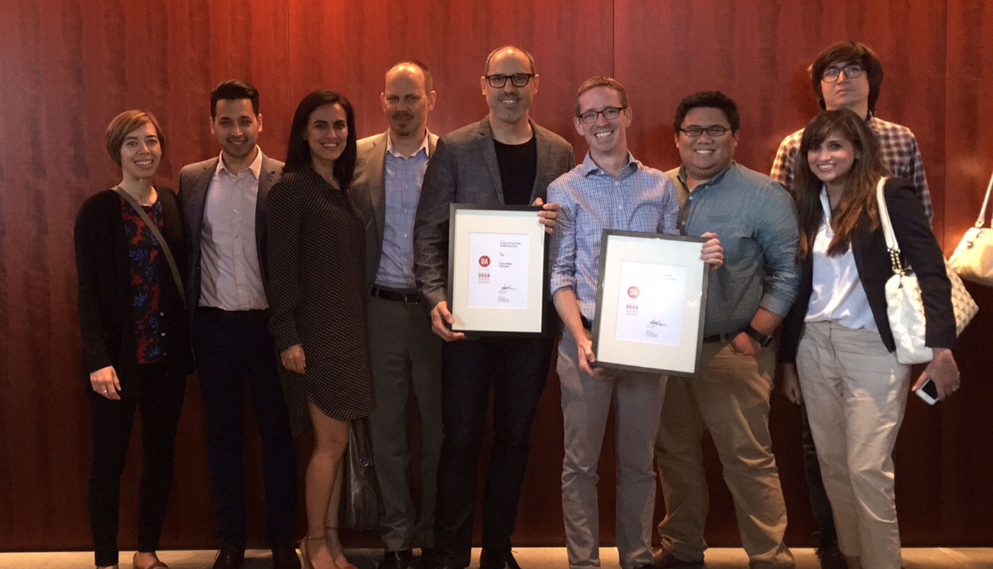 (L-R) Dimitra Papadia, Gibran Villalobos, Yvette Herrera Duran, John Clegg, Mete Sonmez (holding award), David Quenemoen (holding award), Jerel Gue, Asra Rehman and Alberto Govela. - 