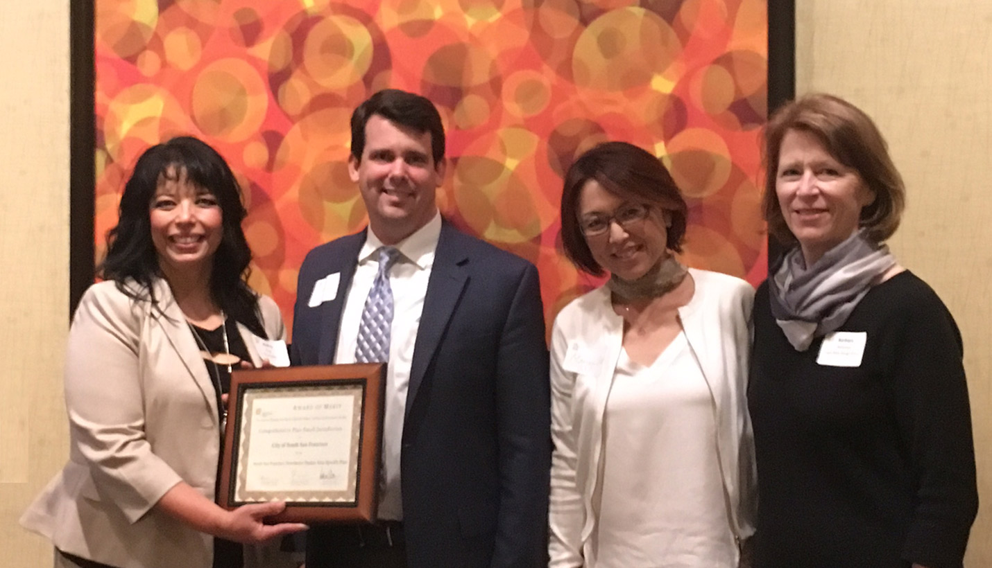 (L to R) Andrea Ouse, Director, APA Northern California Chapter; Alex Greenwood, Director of Economic and Community Development, City of South San Francisco; Marian Lee, Assistant City Manager, City of South San Francisco; Barbara Maloney, Principal, Page/BMS Design Group - 