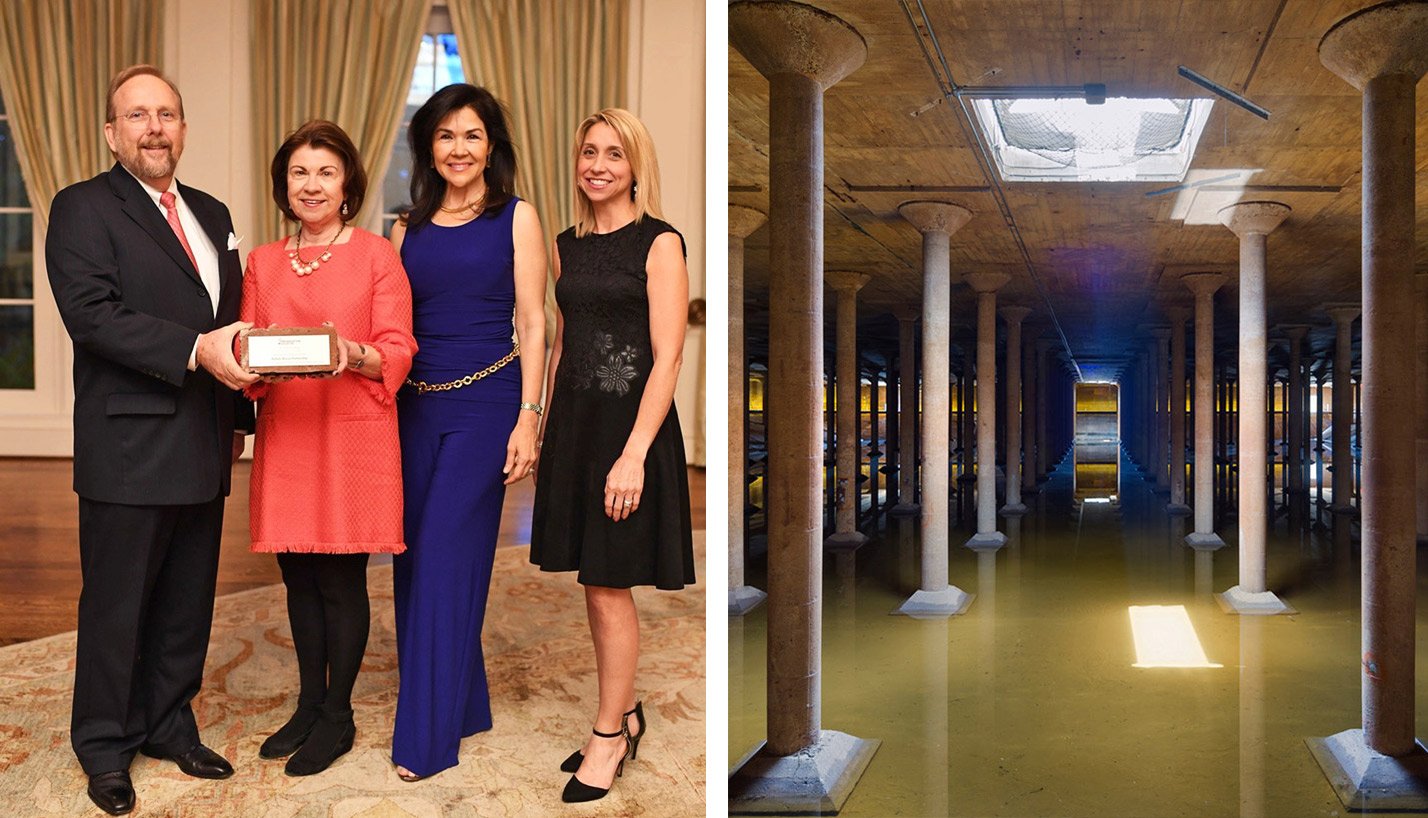 John Cryer, FAIA, Board Emeritus of Page and then-President of the Board of Preservation Houston, presented the annual Preservation Houston award for The Cistern to Anne Olson, president of Buffalo Bayou Partnership. They were joined by board member Geraldina Interiano Wise and Melanie Starman Bash, Page Project Manager for The Cistern. - Left: Preservation Houston / Right: Albert Vecercka, ESTO Photographics