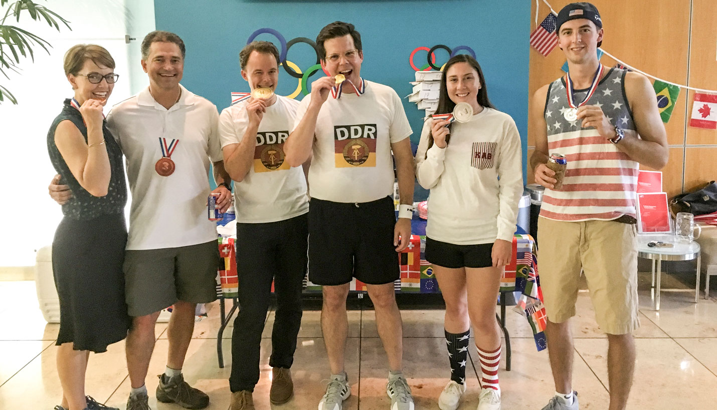 From left to right: Team Italia (Wendy Dunnam Tita and Michael Tita), team East Germany (Talmadge Smith and Bill Huie) and team USA (Keely Barrett and Jonathan Sajdak) - 