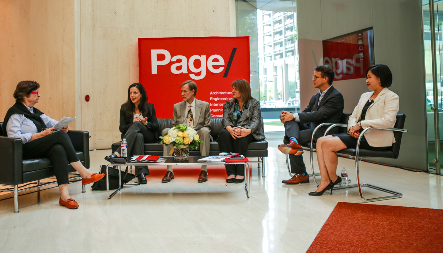 From left to right: Metropolis editor-in-chief Susan Szenasy, Page leaders Jamie Flatt, David Morgareidge, Kris Walsh and David Euscher discuss the workplace. - 