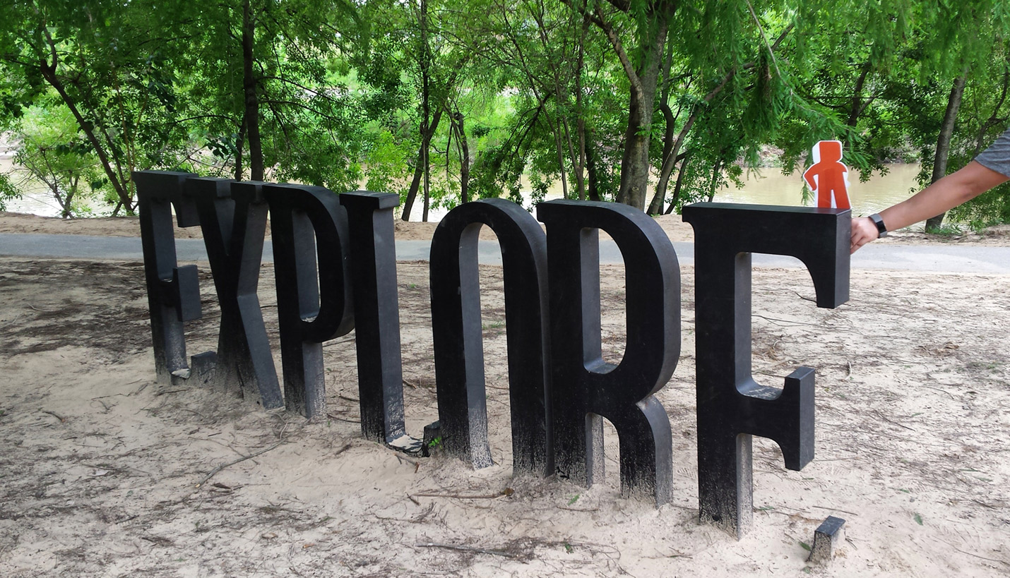 One of six #monumentalmoment words by Anthony Thompson Shumate located in Buffalo Bayou Park that were clues in the 2017 RDA Instagram scavenger hunt. - 