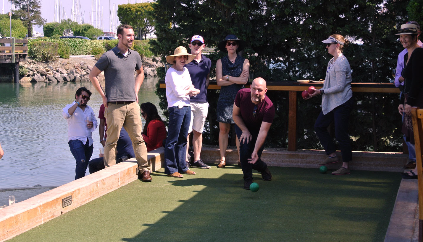 (L-R) Tim Honeck, Beth Foster, Philip Perlin, Joy Glasier, Andrew Sullivan (bowling), Katharyn Hurd and Carol Kim. - 