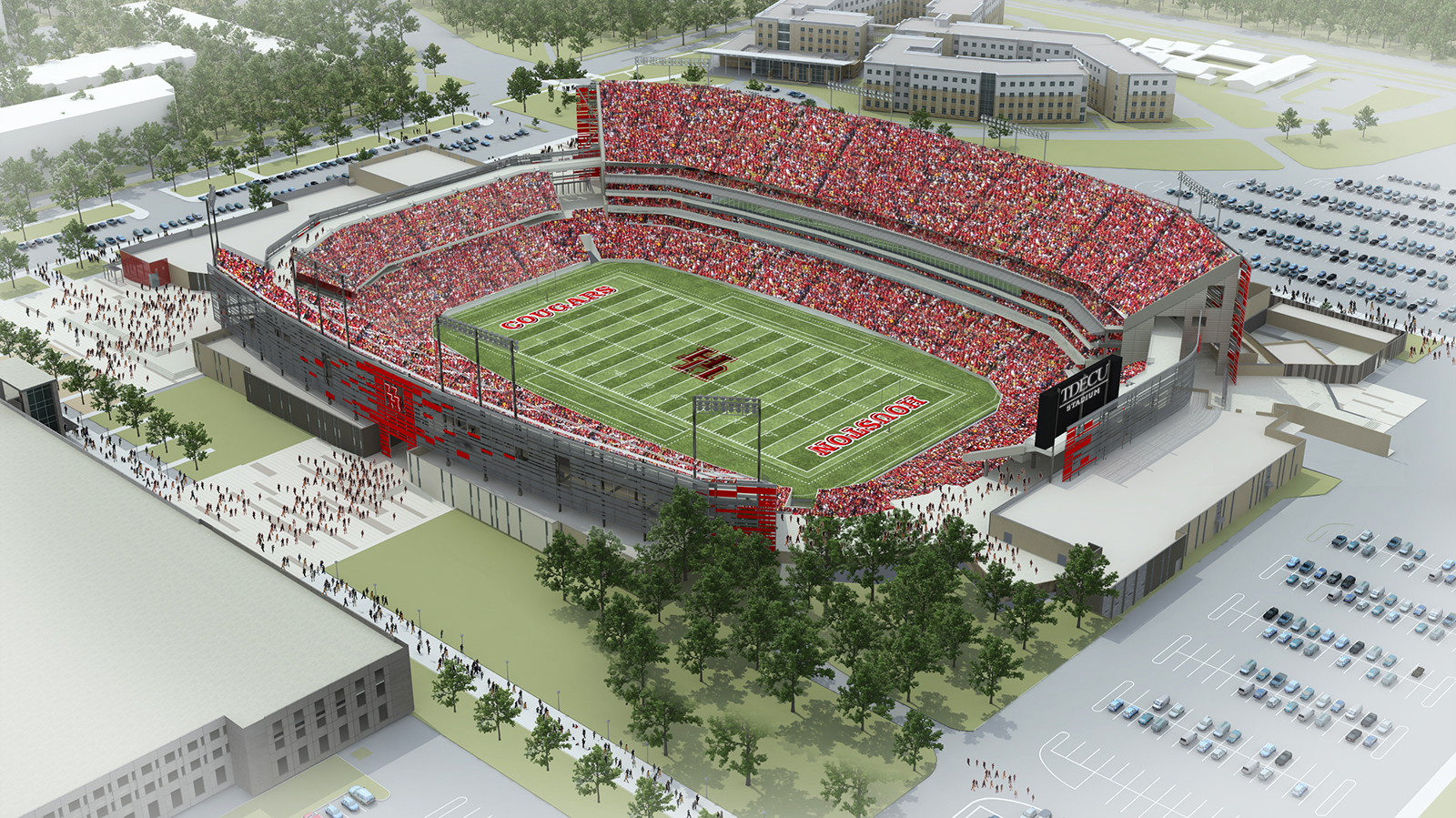 New Name, New Game: Northwest aerial rendering of new University of Houston TDECU Stadium. (07/14/2014) - University of Houston