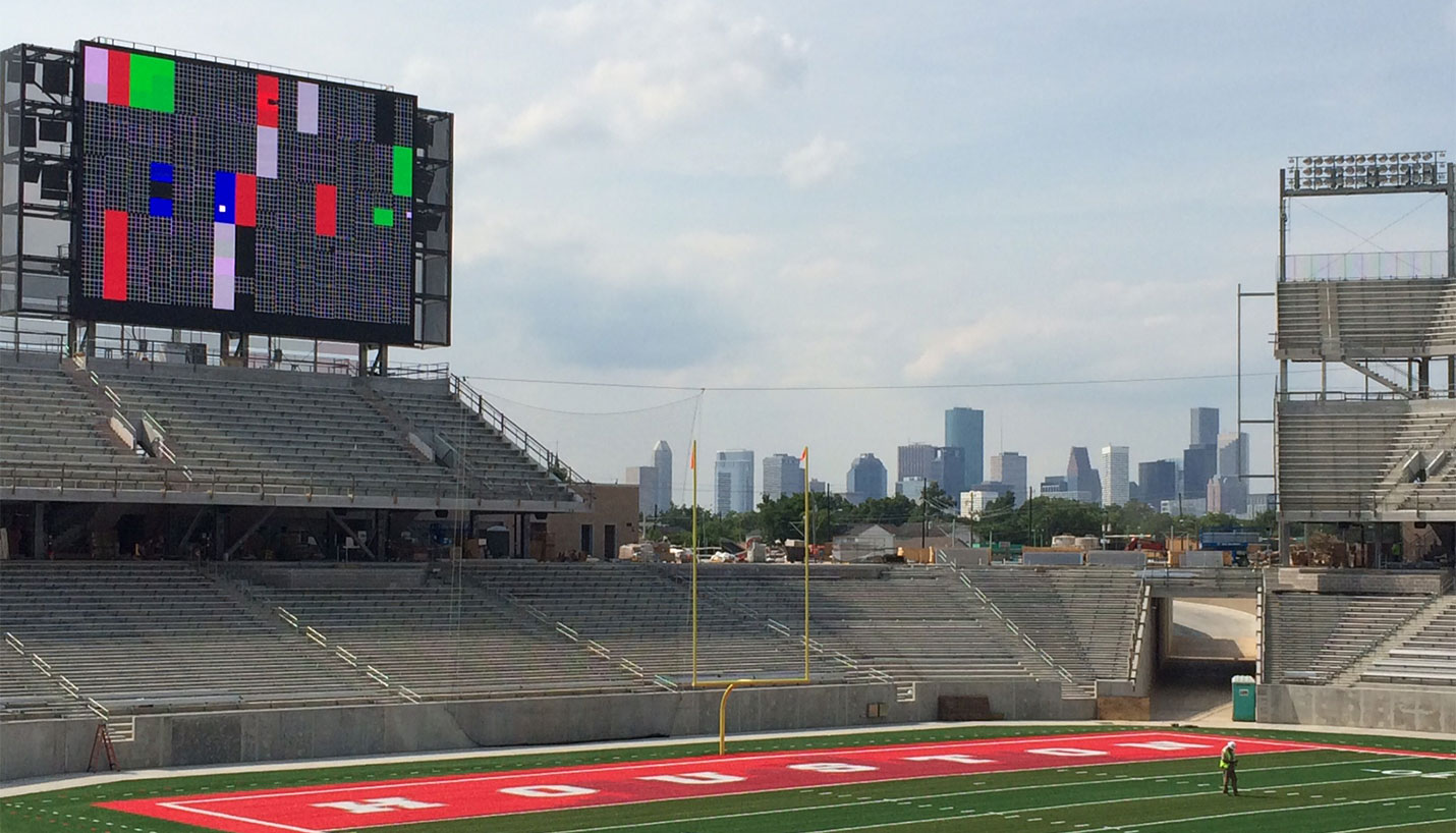 The Architect's Role: Stadium Design. The scoreboard in the above photo deliberately shows testing color blocks so that fans can experience the actual graphics for the first time in person on Opening Day, August 29. (08/07/2014) - Page