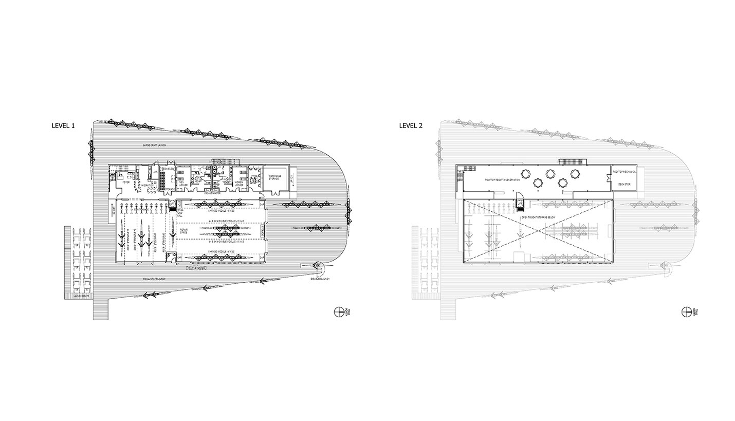 Diagrams of upper and lower levels of Boathouse design. - © Page